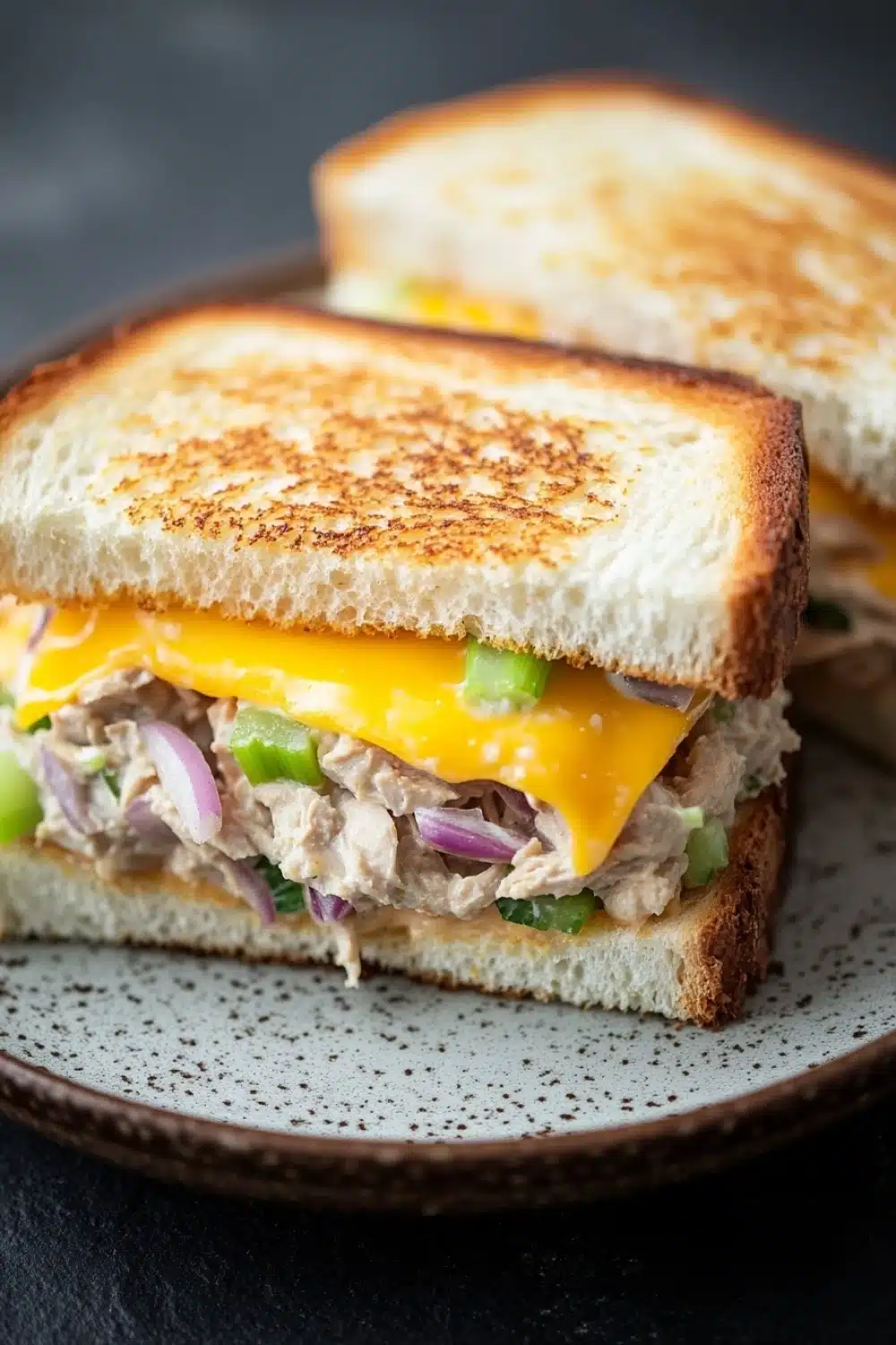 Tuna melt sandwiches - the image shows a close-up of a grilled cheese sandwich on a plate. the sandwich is made with two slices of toasted bread, with melted cheese oozing out of the sides. the cheese is a bright yellow color and appears to be melted and bubbly. on top of the cheese, there are chunks of chicken, red onions, and green bell peppers. the plate is white with a speckled pattern. the background is dark, making the sandwich stand out.
