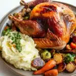 Turkey dinners - the image shows a roasted turkey on a platter with a side of mashed potatoes and roasted vegetables. the turkey is golden brown and appears to be seasoned with herbs and spices. the mashed potatoes are creamy and fluffy, and the vegetables are roasted to perfection. the platter is a light brown color and is placed on a white marble countertop. the overall presentation of the dish is elegant and appetizing.
