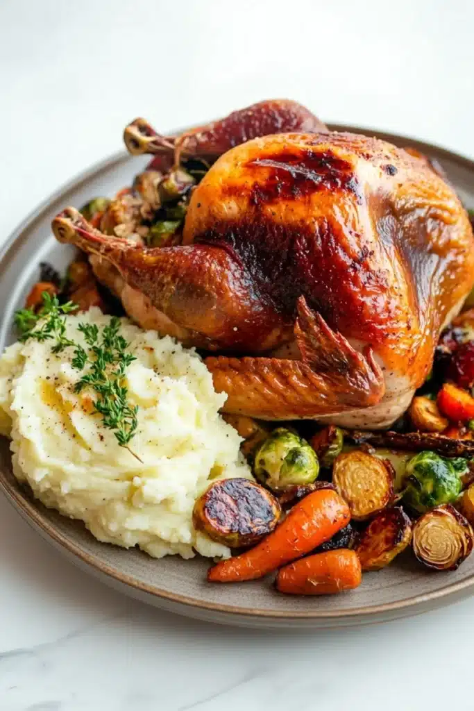 Turkey dinners - the image shows a roasted turkey on a platter with a side of mashed potatoes and roasted vegetables. the turkey is golden brown and appears to be seasoned with herbs and spices. the mashed potatoes are creamy and fluffy, and the vegetables are roasted to perfection. the platter is a light brown color and is placed on a white marble countertop. the overall presentation of the dish is elegant and appetizing.