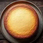 Vanilla cake scratch - the image is a close-up of a round cake on a gray plate. the cake appears to be freshly baked and has a golden-brown crust on top. the plate is placed on a wooden table with a rustic, weathered look. the background is blurred, making the cake the focal point of the image. the image is taken from a top-down perspective, looking down on the cake.
