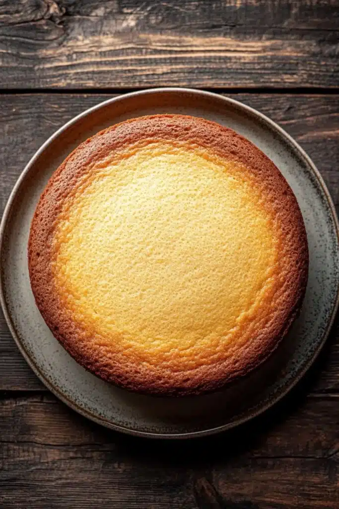 Vanilla cake scratch - the image is a close-up of a round cake on a gray plate. the cake appears to be freshly baked and has a golden-brown crust on top. the plate is placed on a wooden table with a rustic, weathered look. the background is blurred, making the cake the focal point of the image. the image is taken from a top-down perspective, looking down on the cake.