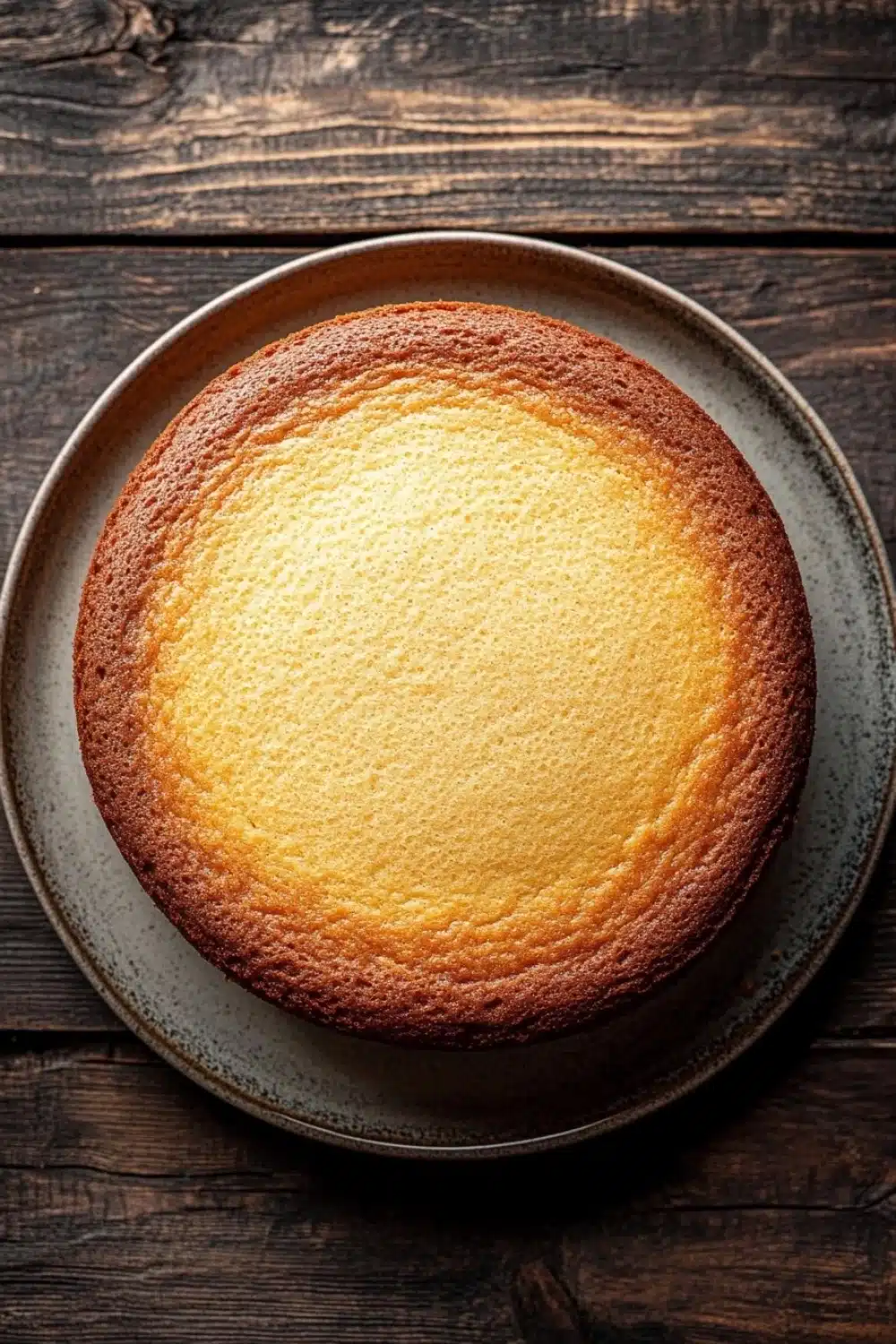 Vanilla cake scratch - the image is a close-up of a round cake on a gray plate. the cake appears to be freshly baked and has a golden-brown crust on top. the plate is placed on a wooden table with a rustic, weathered look. the background is blurred, making the cake the focal point of the image. the image is taken from a top-down perspective, looking down on the cake.