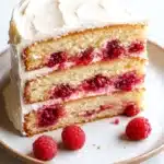Vanilla cake with raspberry filling - the image is of a slice of cake on a white plate. the cake has a golden brown crust and is topped with a generous layer of white frosting. the frosting is swirled in a circular pattern and is drizzled over the top of the cake. there are also a few fresh raspberries scattered around the plate, adding a pop of color to the dish. the background is plain white, making the cake stand out.