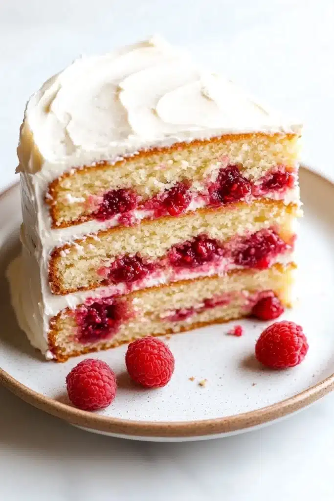 Vanilla cake with raspberry filling - the image is of a slice of cake on a white plate. the cake has a golden brown crust and is topped with a generous layer of white frosting. the frosting is swirled in a circular pattern and is drizzled over the top of the cake. there are also a few fresh raspberries scattered around the plate, adding a pop of color to the dish. the background is plain white, making the cake stand out.