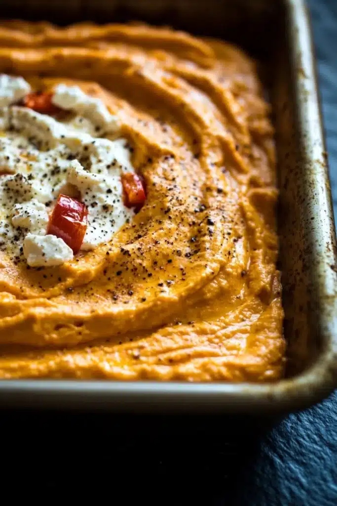 Whipped feta and roasted red pepper dip - the image shows a rectangular baking dish filled with a creamy orange-colored dip. the dip appears to be thick and smooth, with a smooth texture. on top of the dip, there are small pieces of red bell peppers and a dollop of white cream. the dish is sitting on a dark blue surface, possibly a table or countertop. the overall color scheme of the image is warm and inviting.
