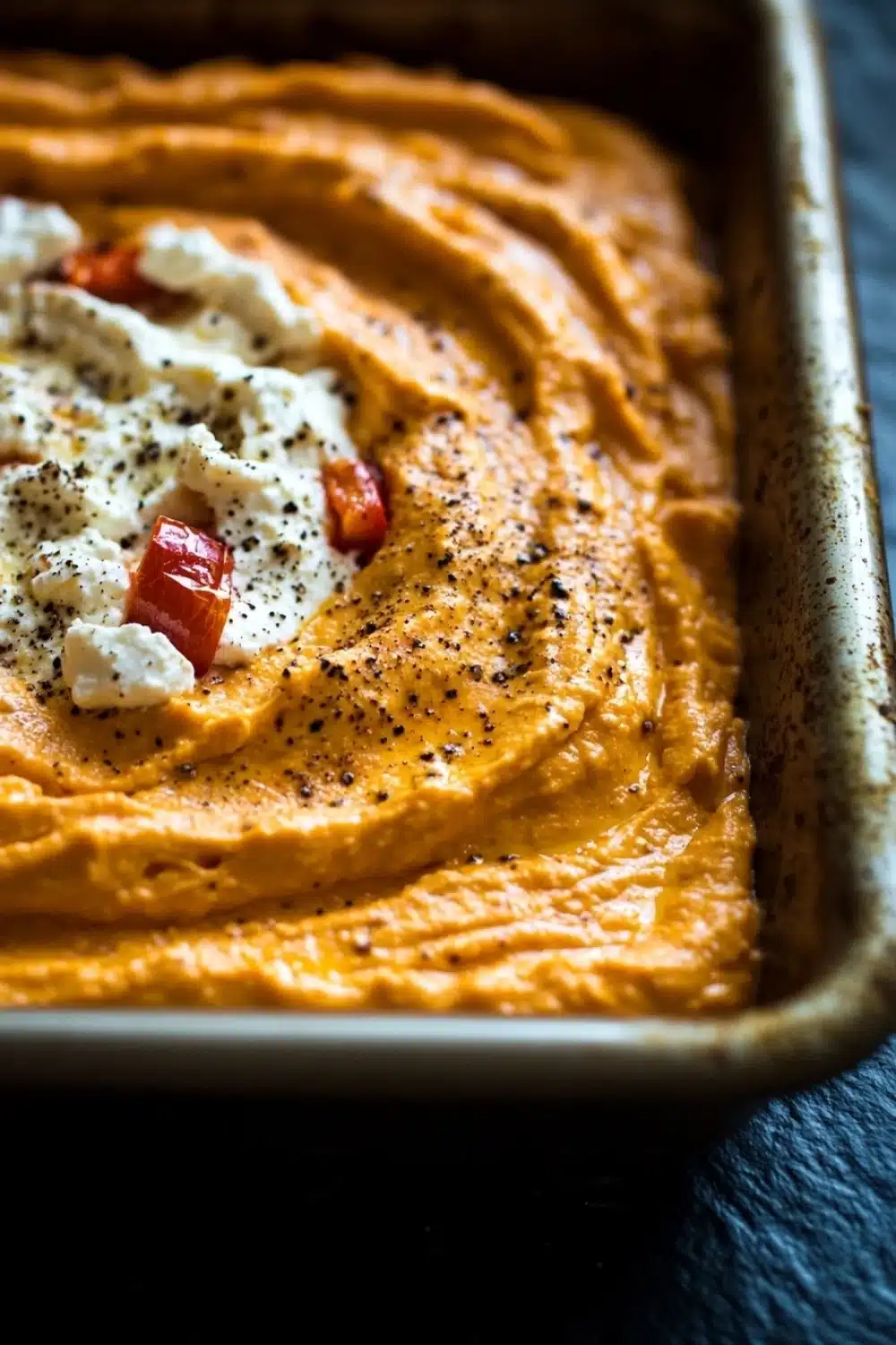 Whipped feta and roasted red pepper dip - the image shows a rectangular baking dish filled with a creamy orange-colored dip. the dip appears to be thick and smooth, with a smooth texture. on top of the dip, there are small pieces of red bell peppers and a dollop of white cream. the dish is sitting on a dark blue surface, possibly a table or countertop. the overall color scheme of the image is warm and inviting.