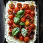 Whipped feta dip roasted tomatoes - the image shows a rectangular baking dish filled with a creamy white sauce. the sauce appears to be mozzarella or ricotta, and there are small cherry tomatoes scattered throughout the dish. the tomatoes are bright red and appear to be ripe and juicy. there are also a few basil leaves scattered around the dish, adding a pop of green color to the image. the dish is placed on a dark wooden table, and the overall aesthetic is rustic and appetizing.