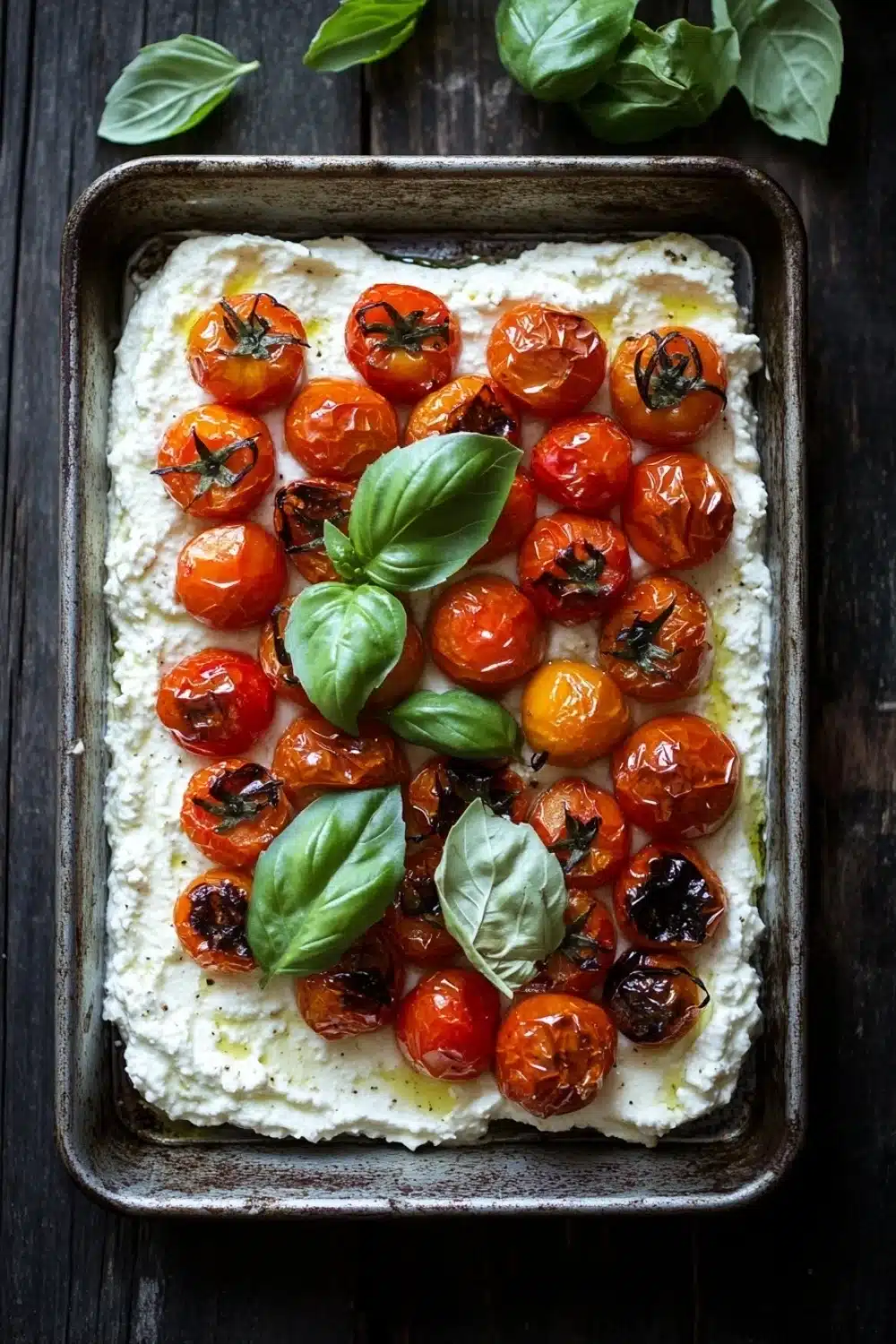 Whipped feta dip roasted tomatoes - the image shows a rectangular baking dish filled with a creamy white sauce. the sauce appears to be mozzarella or ricotta, and there are small cherry tomatoes scattered throughout the dish. the tomatoes are bright red and appear to be ripe and juicy. there are also a few basil leaves scattered around the dish, adding a pop of green color to the image. the dish is placed on a dark wooden table, and the overall aesthetic is rustic and appetizing.