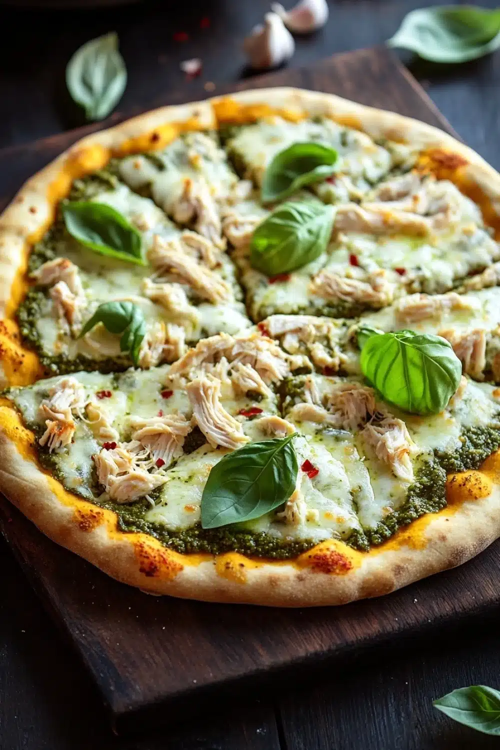 White chicken pesto pizza - the image is of a freshly baked pizza on a wooden cutting board. the pizza has a golden brown crust and is topped with melted white cheese, chunks of chicken, and fresh basil leaves. there are also a few garlic cloves scattered around the cutting board, suggesting that the pizza is ready to be served. the background is dark, making the pizza stand out.
