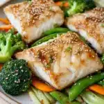White fish asian - the image shows a plate of food with two pieces of fish covered in sesame seeds. the fish appears to be halibut, with a golden brown color and a crispy texture. the plate is filled with a variety of vegetables, including broccoli, carrots, and snow peas. the vegetables are arranged in a colorful and appetizing manner, with some overlapping each other. the background is a light beige color, and the plate is sitting on a wooden table.