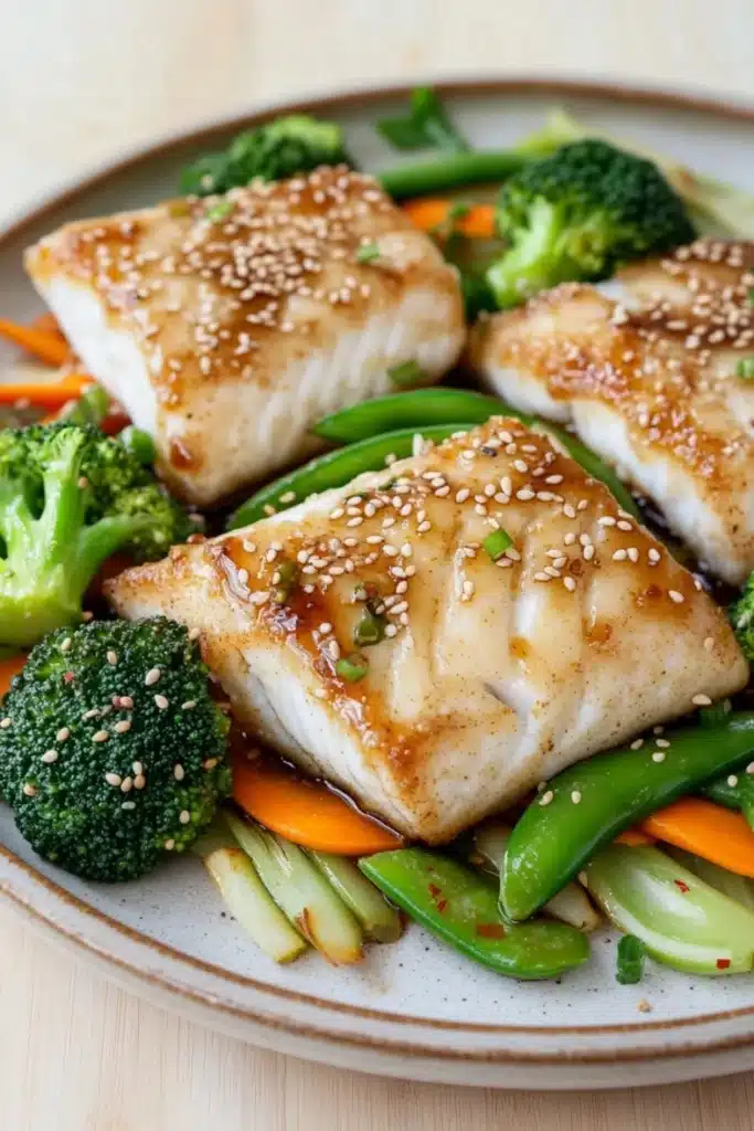 White fish asian - the image shows a plate of food with two pieces of fish covered in sesame seeds. the fish appears to be halibut, with a golden brown color and a crispy texture. the plate is filled with a variety of vegetables, including broccoli, carrots, and snow peas. the vegetables are arranged in a colorful and appetizing manner, with some overlapping each other. the background is a light beige color, and the plate is sitting on a wooden table.