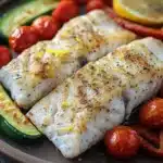 White fish dinner - the image shows two pieces of fish fillets on a brown plate. the fillets are golden brown and appear to be seasoned with herbs and spices. they are garnished with sliced zucchini, cherry tomatoes, and red chili peppers. there is also a slice of lemon on the plate, adding a pop of color to the dish. the plate is sitting on a wooden table with a white cloth napkin in the background.
