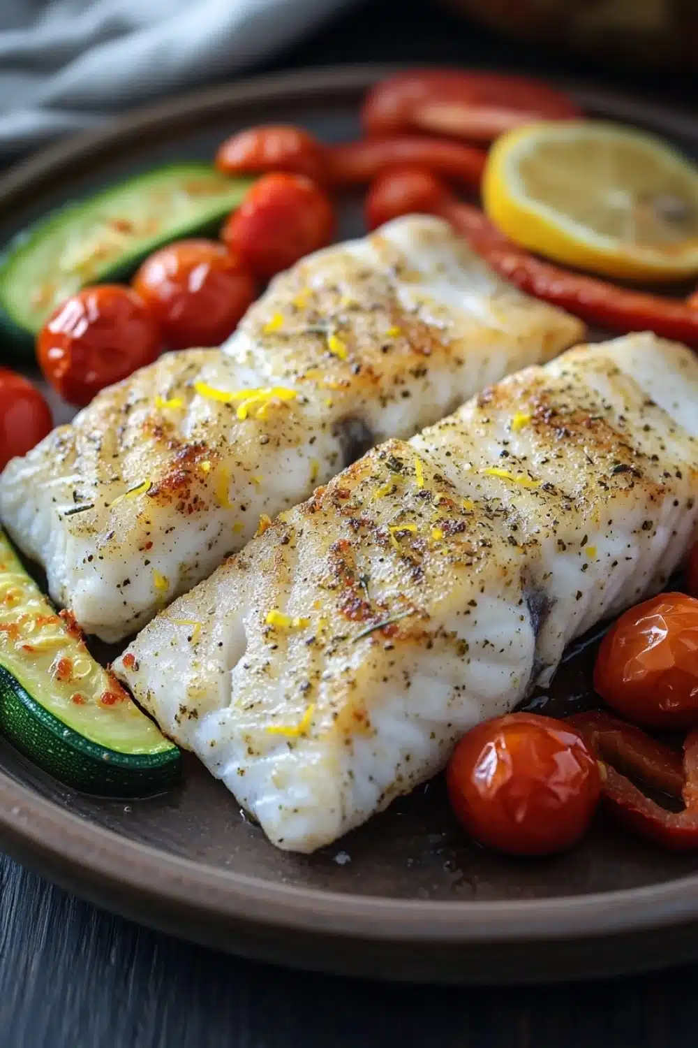 White fish dinner - the image shows two pieces of fish fillets on a brown plate. the fillets are golden brown and appear to be seasoned with herbs and spices. they are garnished with sliced zucchini, cherry tomatoes, and red chili peppers. there is also a slice of lemon on the plate, adding a pop of color to the dish. the plate is sitting on a wooden table with a white cloth napkin in the background.