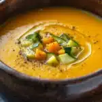 Zucchini and butternut squash soup - the image is a close-up of a bowl of orange-colored soup. the soup appears to be thick and creamy, with a smooth texture. on top of the soup, there are small pieces of sliced zucchini arranged in a circular pattern. the bowl is made of dark brown ceramic and has a textured surface. the background is blurred, making the bowl the focal point of the image.