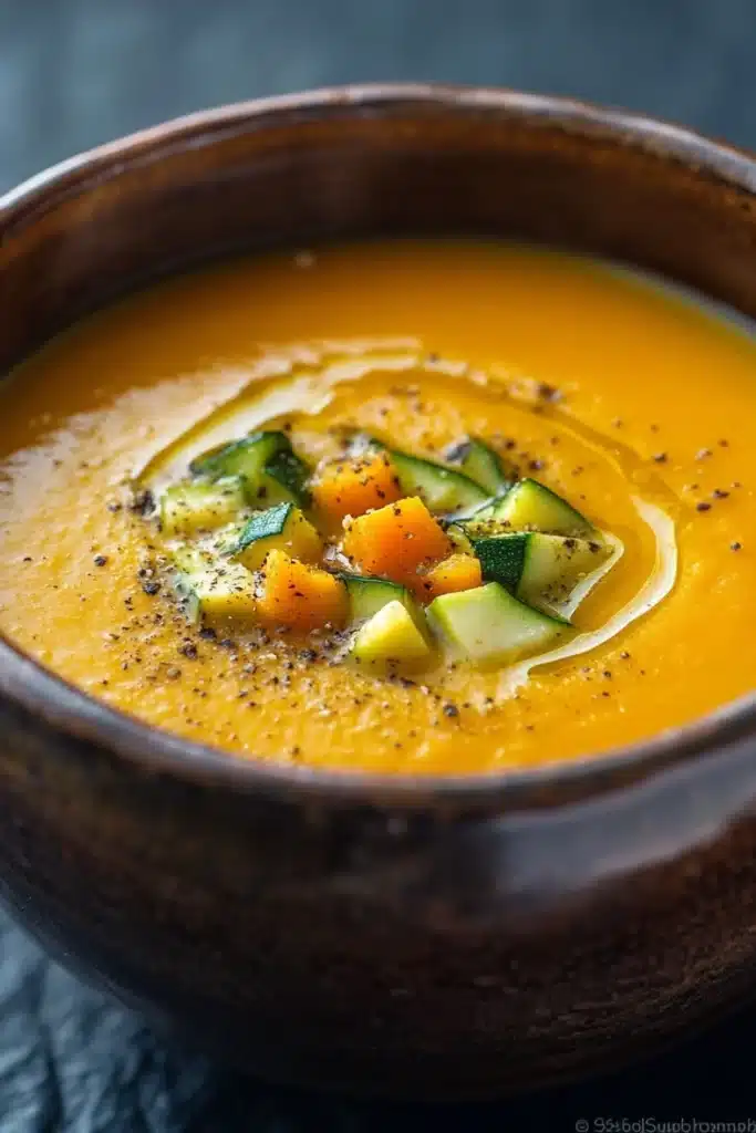 Zucchini and butternut squash soup - the image is a close-up of a bowl of orange-colored soup. the soup appears to be thick and creamy, with a smooth texture. on top of the soup, there are small pieces of sliced zucchini arranged in a circular pattern. the bowl is made of dark brown ceramic and has a textured surface. the background is blurred, making the bowl the focal point of the image.