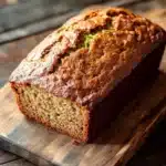 Zucchini banana bread - the image shows a freshly baked loaf of bread on a wooden cutting board. the bread appears to be golden brown in color and has a crumbly texture. it is topped with a sprinkle of powdered sugar, giving it a shiny appearance. the cutting board is placed on a rustic wooden table with a woven basket in the background. the overall mood of the image is warm and inviting.