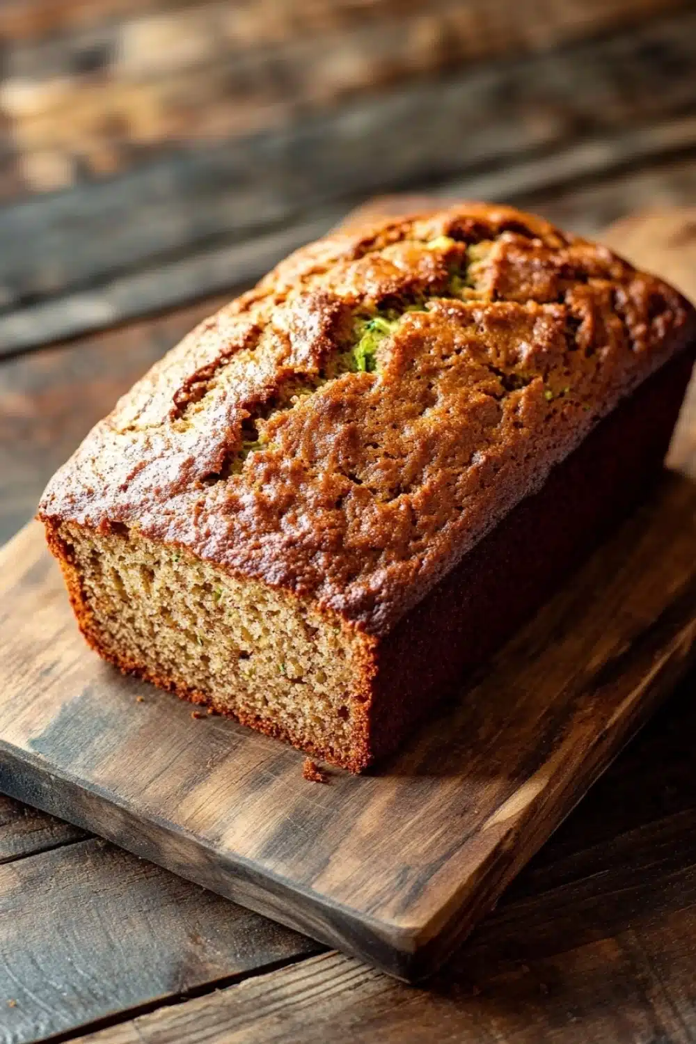 Zucchini banana bread - the image shows a freshly baked loaf of bread on a wooden cutting board. the bread appears to be golden brown in color and has a crumbly texture. it is topped with a sprinkle of powdered sugar, giving it a shiny appearance. the cutting board is placed on a rustic wooden table with a woven basket in the background. the overall mood of the image is warm and inviting.
