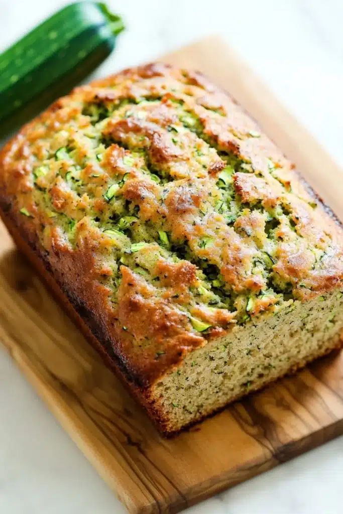 Zucchini bread extra moist - the image shows a freshly baked zucchini bread on a wooden cutting board. the bread is golden brown in color and has a crumbly texture on top. it appears to be freshly baked and has small pieces of zucchinis scattered throughout. on the right side of the cutting board, there is a whole zucchi, which is a bright green color. the cutting board is placed on a white marble countertop.