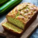Zucchini bread gluten free dairy free - the image shows a freshly baked zucchini bread on a wooden cutting board. the bread is golden brown in color and has a crumbly texture on top. it is cut in half, revealing the soft, fluffy interior. in the background, there are two whole zucchinis and a bunch of fresh green onions. the cutting board is placed on a dark grey textured surface.