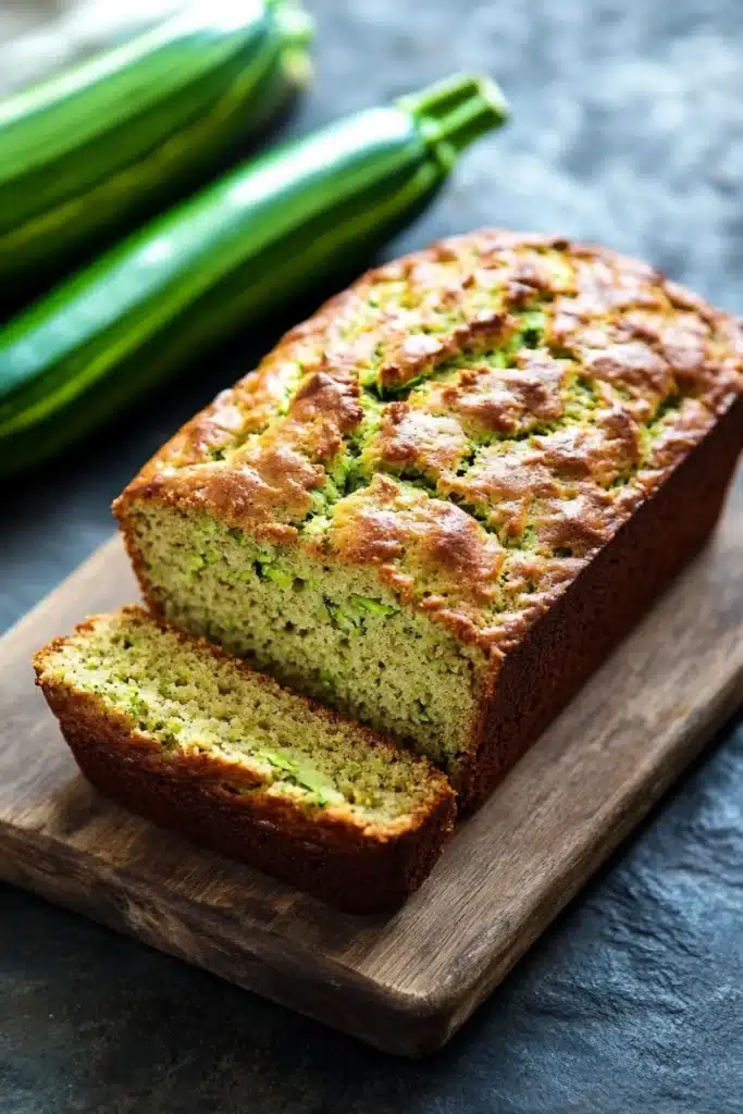 Zucchini bread gluten free dairy free - the image shows a freshly baked zucchini bread on a wooden cutting board. the bread is golden brown in color and has a crumbly texture on top. it is cut in half, revealing the soft, fluffy interior. in the background, there are two whole zucchinis and a bunch of fresh green onions. the cutting board is placed on a dark grey textured surface.