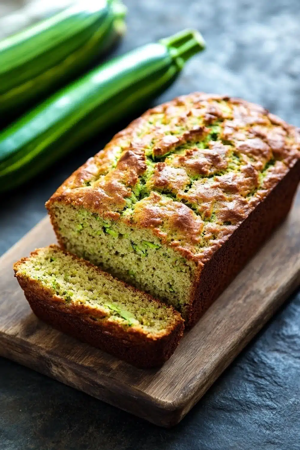 Zucchini bread gluten free dairy free - the image shows a freshly baked zucchini bread on a wooden cutting board. the bread is golden brown in color and has a crumbly texture on top. it is cut in half, revealing the soft, fluffy interior. in the background, there are two whole zucchinis and a bunch of fresh green onions. the cutting board is placed on a dark grey textured surface.