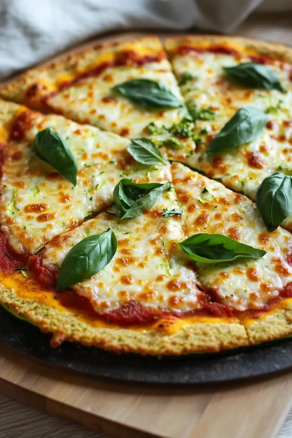Zucchini crust pizza keto - the image is of a freshly baked pizza on a wooden cutting board. the pizza has a golden brown crust and is topped with melted cheese and fresh basil leaves. the cheese is golden brown and appears to be melted and bubbly. the basil leaves are scattered on top of the cheese, adding a pop of green color to the dish. the background is blurred, but it seems to be a kitchen countertop with a white cloth napkin.