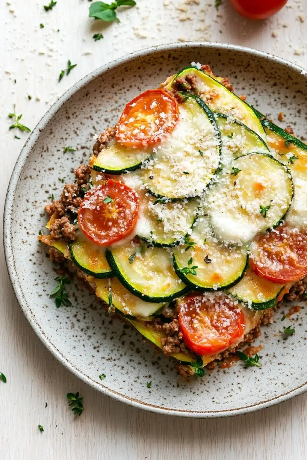 Zucchini tomato ground beef casserole - the image shows a slice of zucchini lasagna on a white plate. the lasagna is topped with sliced zucchinis, sliced tomatoes, minced meat, and a dollop of sour cream. the plate is garnished with fresh herbs and there are two whole tomatoes on the side. the background is a white wooden table.