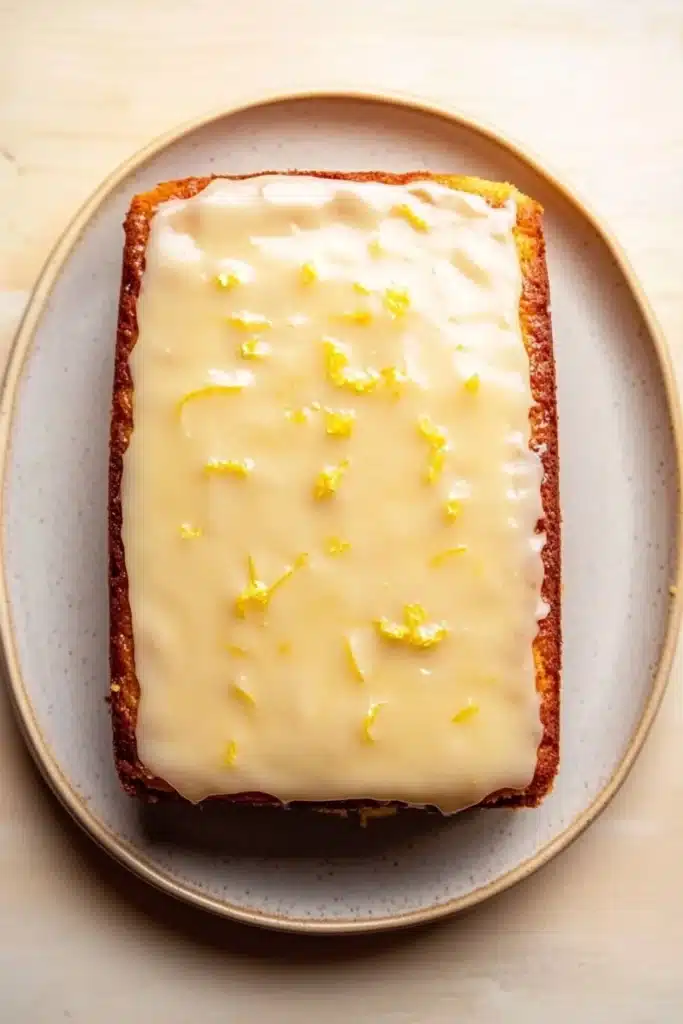 9 x 13 lemon cake - the image shows a rectangular piece of cake on a white plate. the cake appears to be freshly baked and has a golden brown crust on top. the top of the cake is covered in a thick layer of white frosting, which is drizzled with lemon zest. the frosting is spread evenly over the cake, creating a smooth and creamy texture. the plate is round and has small speckles around the edges. the background is a light beige color, making the cake stand out.