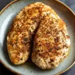 Air fryer chicken breast - the image shows two pieces of cooked chicken breasts on a blue and white plate. the chicken breasts are golden brown and appear to be seasoned with herbs and spices. the plate is sitting on a dark grey countertop. the background is blurred, making the chicken breasts the focal point of the image.