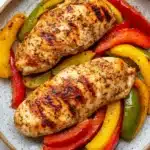 Air fryer chicken breast and peppers - the image shows two pieces of grilled chicken breasts on a plate. the chicken breasts are golden brown and appear to be seasoned with herbs and spices. the plate is white with a speckled pattern and is placed on a white tablecloth. on top of the chicken breasts, there are several colorful bell peppers of different colors - red, yellow, green, and orange - arranged in a circular pattern. the peppers are cut into thin slices and are arranged around the plate, creating a colorful and appetizing dish.
