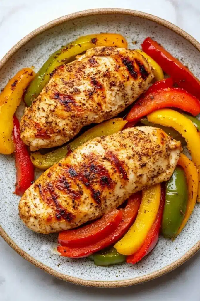 Air fryer chicken breast and peppers - the image shows two pieces of grilled chicken breasts on a plate. the chicken breasts are golden brown and appear to be seasoned with herbs and spices. the plate is white with a speckled pattern and is placed on a white tablecloth. on top of the chicken breasts, there are several colorful bell peppers of different colors - red, yellow, green, and orange - arranged in a circular pattern. the peppers are cut into thin slices and are arranged around the plate, creating a colorful and appetizing dish.