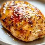 Air fryer chicken breast glazed - the image shows a close-up of a piece of grilled chicken on a white plate. the chicken appears to be cooked to a golden brown color and has a crispy texture. it is covered in a thick layer of sauce or sauce, which is drizzled over the top of the chicken. the sauce is a dark red color and is sprinkled with small black pepper flakes. the plate is sitting on a light-colored surface, possibly a table or countertop.
