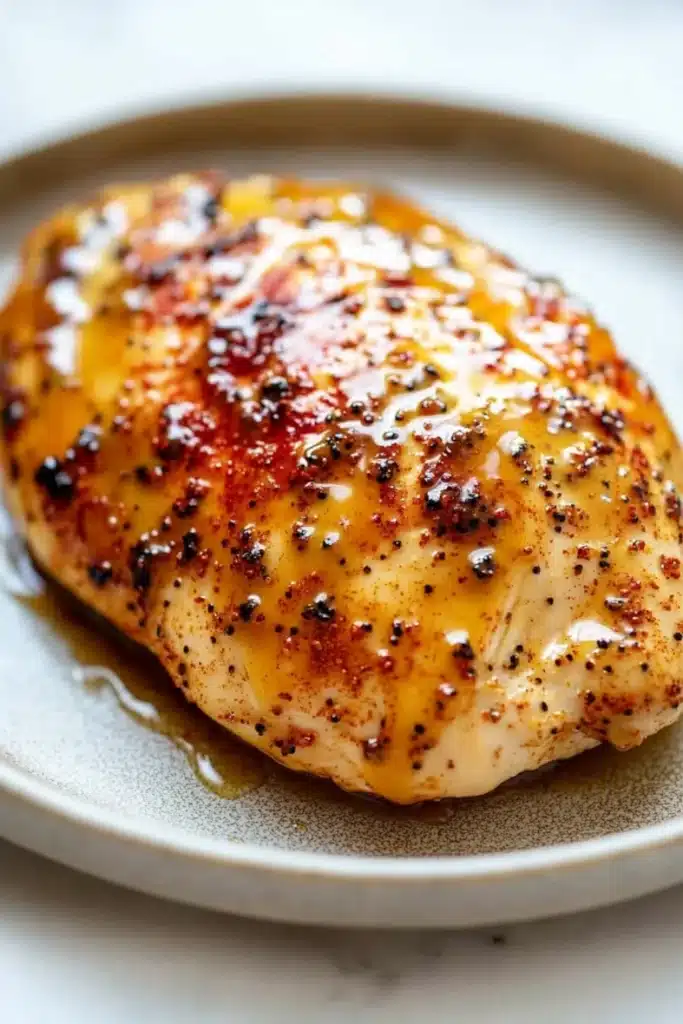 Air fryer chicken breast glazed - the image shows a close-up of a piece of grilled chicken on a white plate. the chicken appears to be cooked to a golden brown color and has a crispy texture. it is covered in a thick layer of sauce or sauce, which is drizzled over the top of the chicken. the sauce is a dark red color and is sprinkled with small black pepper flakes. the plate is sitting on a light-colored surface, possibly a table or countertop.