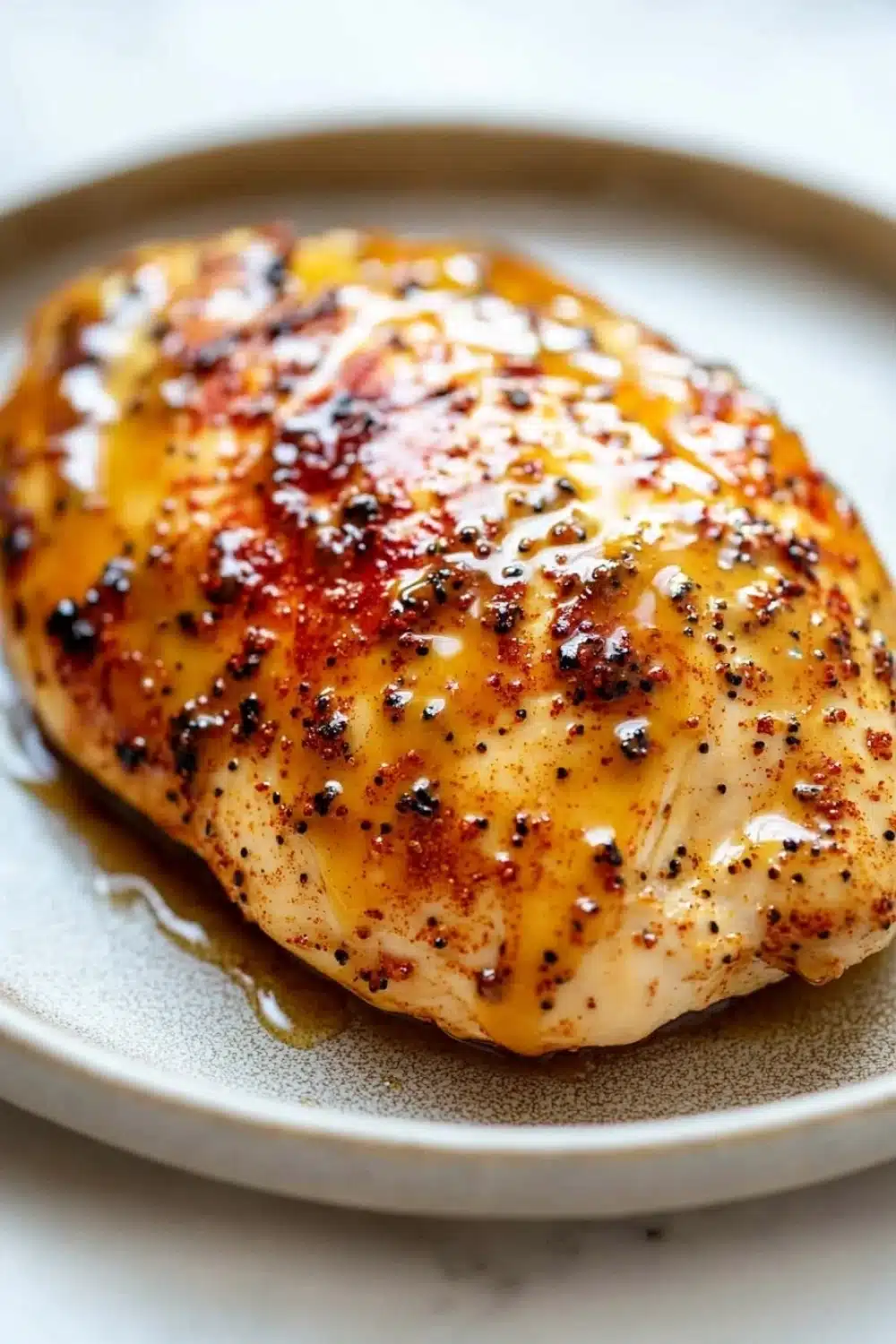Air fryer chicken breast glazed - the image shows a close-up of a piece of grilled chicken on a white plate. the chicken appears to be cooked to a golden brown color and has a crispy texture. it is covered in a thick layer of sauce or sauce, which is drizzled over the top of the chicken. the sauce is a dark red color and is sprinkled with small black pepper flakes. the plate is sitting on a light-colored surface, possibly a table or countertop.