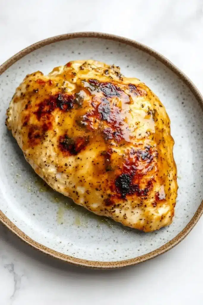 Air fryer chicken breast honey mustard - the image shows a plate with a piece of grilled chicken on it. the chicken is golden brown and appears to be seasoned with herbs and spices. the plate is light blue with a speckled pattern around the edges. the background is a white marble countertop.