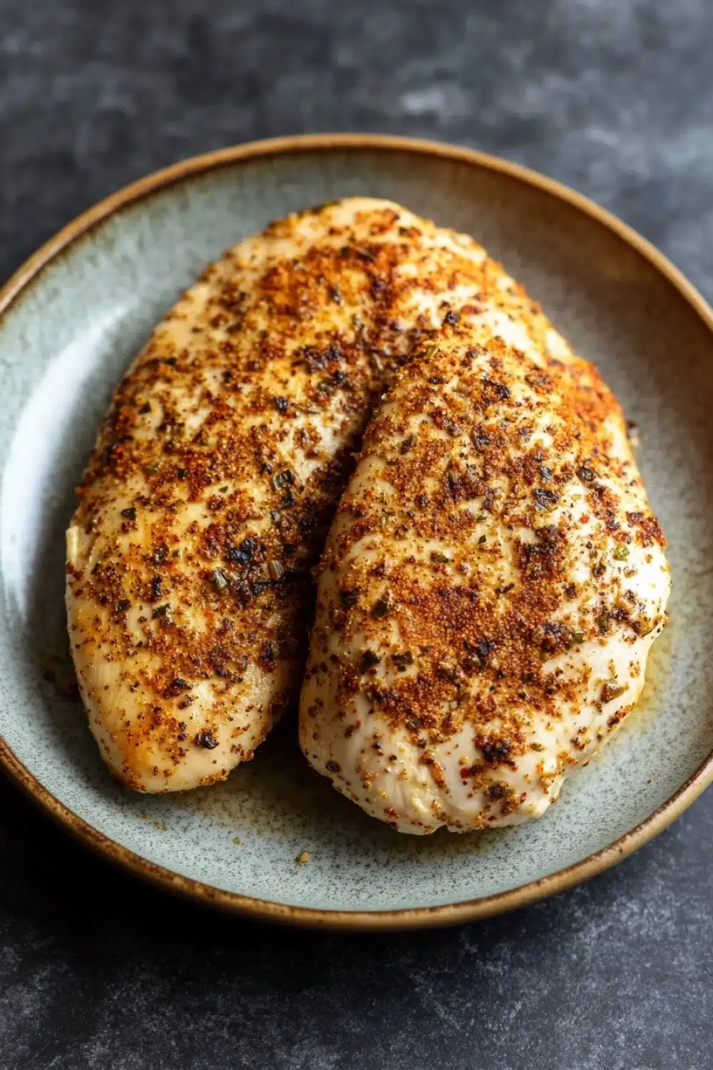 Air fryer chicken breast - the image shows two pieces of cooked chicken breasts on a blue and white plate. the chicken breasts are golden brown and appear to be seasoned with herbs and spices. the plate is sitting on a dark grey countertop. the background is blurred, making the chicken breasts the focal point of the image.