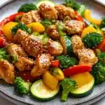 Air fryer chicken teriyaki with vegetables - the image is a close-up of a plate of asian-style stir-fry. the dish is made up of various vegetables, including broccoli, zucchini, bell peppers, and red bell peppers. the vegetables are arranged in a colorful and appetizing manner, with sesame seeds sprinkled on top. the plate is gray and has a textured surface. the background is white, making the colors of the vegetables stand out.