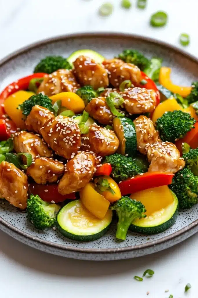 Air fryer chicken teriyaki with vegetables - the image is a close-up of a plate of asian-style stir-fry. the dish is made up of various vegetables, including broccoli, zucchini, bell peppers, and red bell peppers. the vegetables are arranged in a colorful and appetizing manner, with sesame seeds sprinkled on top. the plate is gray and has a textured surface. the background is white, making the colors of the vegetables stand out.