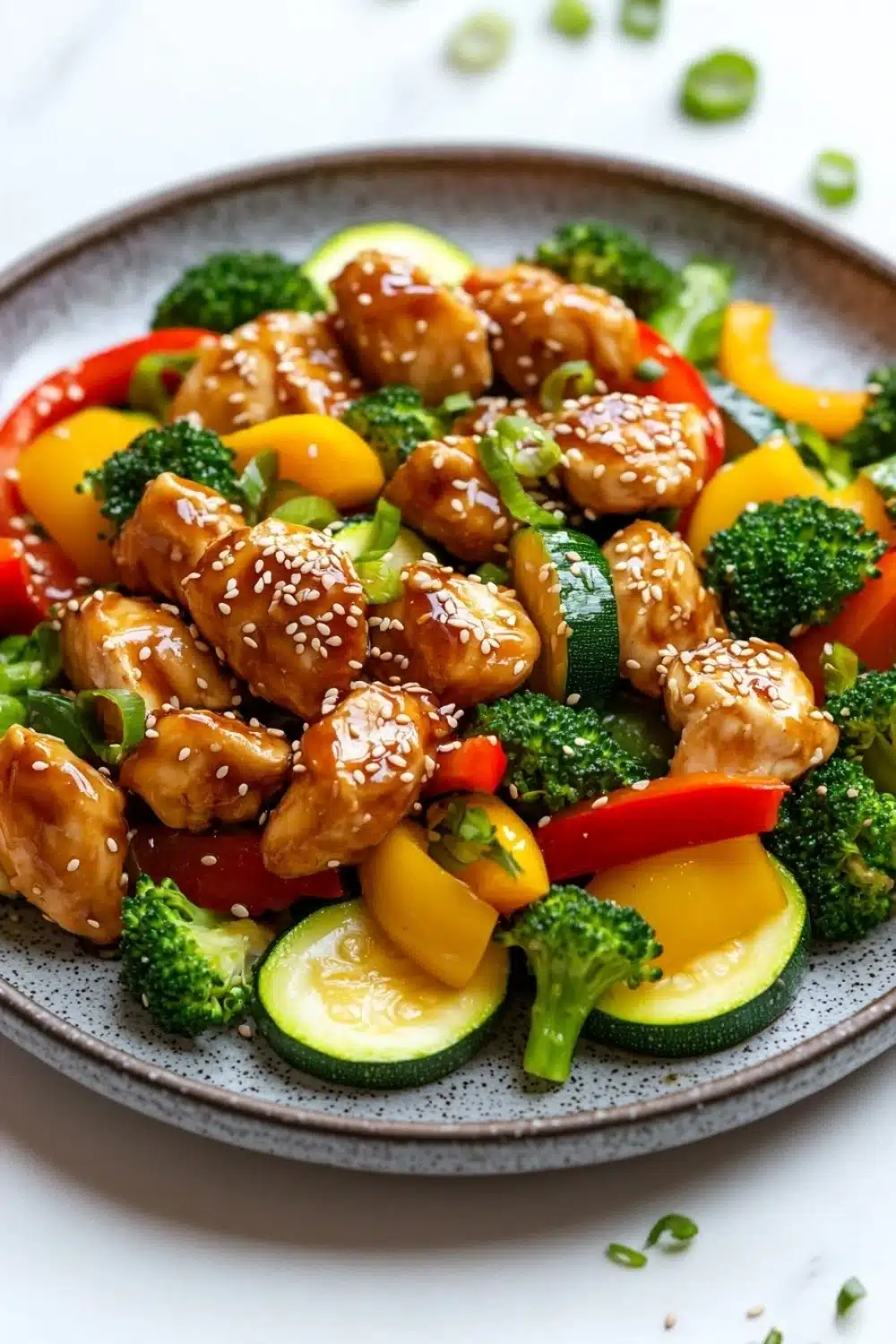 Air fryer chicken teriyaki with vegetables - the image is a close-up of a plate of asian-style stir-fry. the dish is made up of various vegetables, including broccoli, zucchini, bell peppers, and red bell peppers. the vegetables are arranged in a colorful and appetizing manner, with sesame seeds sprinkled on top. the plate is gray and has a textured surface. the background is white, making the colors of the vegetables stand out.