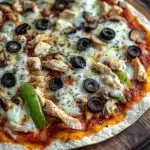 Air fryer deep dish tortilla pizza - the image is a close-up of a pizza on a wooden cutting board. the pizza is topped with melted cheese, sliced mushrooms, black olives, and green bell peppers. the cheese is melted and bubbly, and the toppings are arranged in a circular pattern around the edges of the pizza. the background is dark, making the pizza stand out.