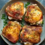 Air fryer gluten free chicken thigh - the image shows four pieces of grilled chicken breasts on a gray plate. the chicken breasts are golden brown and appear to be seasoned with herbs and spices. the plate is garnished with a sprig of fresh parsley. the background is a dark grey textured surface. the overall aesthetic of the image is rustic and appetizing.