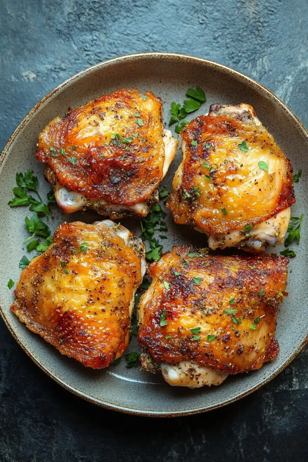 Air fryer gluten free chicken thigh - the image shows four pieces of grilled chicken breasts on a gray plate. the chicken breasts are golden brown and appear to be seasoned with herbs and spices. the plate is garnished with a sprig of fresh parsley. the background is a dark grey textured surface. the overall aesthetic of the image is rustic and appetizing.