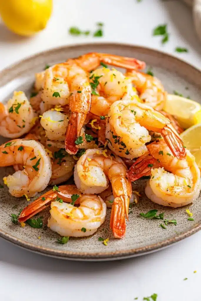 Air fryer peel and eat shrimp - the image shows a plate of cooked shrimp on a white tablecloth. the shrimp are orange in color and appear to be seasoned with herbs and spices. they are arranged in a circular pattern on the plate, with some overlapping each other. there are two lemon wedges on the side of the plate and a few sprigs of parsley scattered around the plate. the background is blurred, but it appears to be a kitchen countertop.