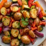 Air fryer potato and veggies - the image is a close-up of a plate of roasted vegetables. the plate is made of light blue ceramic and is placed on a wooden table. the vegetables are arranged in a circular pattern on the plate, with some overlapping each other. there are roasted potatoes, zucchini, carrots, red onions, and bell peppers scattered throughout the dish. the potatoes are golden brown and appear to be seasoned with herbs and spices. the carrots are bright orange and the bell peppers are red. there is a sprig of parsley on top of the vegetables, adding a pop of green color to the plate.