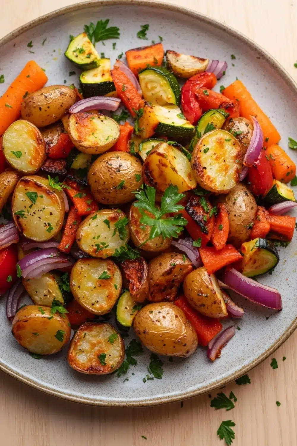 Air fryer potato and veggies - the image is a close-up of a plate of roasted vegetables. the plate is made of light blue ceramic and is placed on a wooden table. the vegetables are arranged in a circular pattern on the plate, with some overlapping each other. there are roasted potatoes, zucchini, carrots, red onions, and bell peppers scattered throughout the dish. the potatoes are golden brown and appear to be seasoned with herbs and spices. the carrots are bright orange and the bell peppers are red. there is a sprig of parsley on top of the vegetables, adding a pop of green color to the plate.