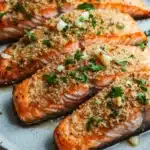 Air fryer salmon garlic parmesan - the image shows three pieces of salmon on a blue plate. the salmon is cooked to a golden brown color and is topped with a crumbly breadcrumb topping. the topping is garnished with chopped herbs and small pieces of garlic. the plate is sitting on a wooden table with a white tablecloth in the background.