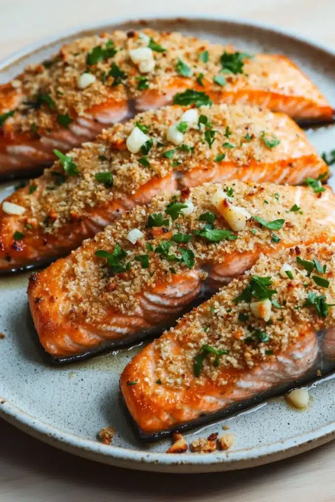 Air fryer salmon garlic parmesan - the image shows three pieces of salmon on a blue plate. the salmon is cooked to a golden brown color and is topped with a crumbly breadcrumb topping. the topping is garnished with chopped herbs and small pieces of garlic. the plate is sitting on a wooden table with a white tablecloth in the background.