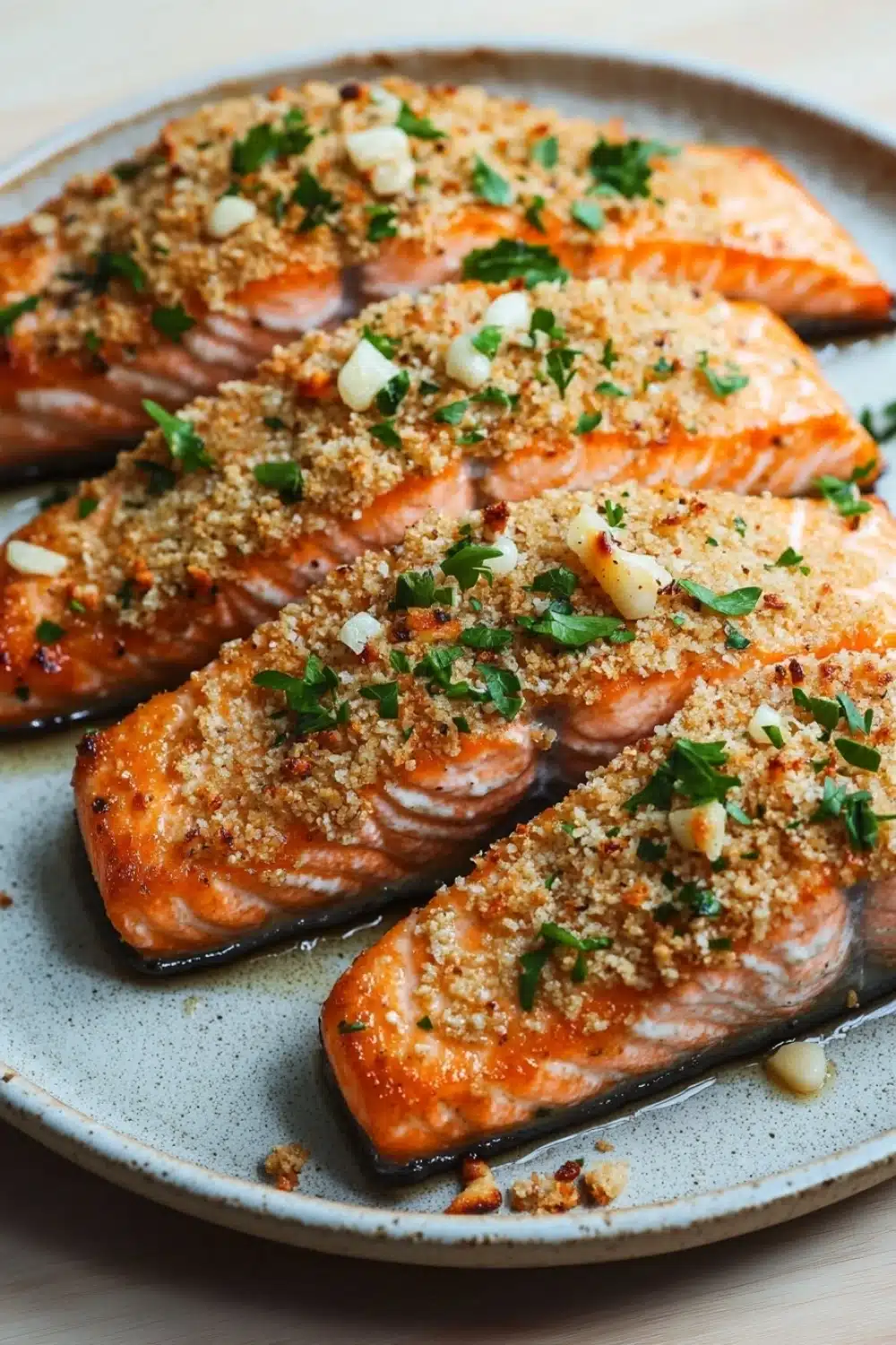 Air fryer salmon garlic parmesan - the image shows three pieces of salmon on a blue plate. the salmon is cooked to a golden brown color and is topped with a crumbly breadcrumb topping. the topping is garnished with chopped herbs and small pieces of garlic. the plate is sitting on a wooden table with a white tablecloth in the background.