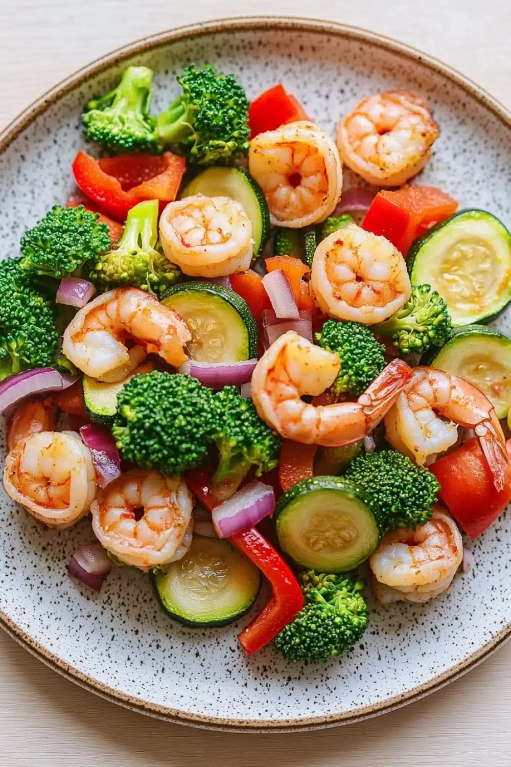 Air fryer shrimp and vegetables - the image is a close-up of a plate of food. the plate is white with a speckled pattern and is placed on a wooden table. the food appears to be a stir-fry dish with shrimp, broccoli, zucchini, red bell peppers, and sliced red onions. the shrimp are arranged in a circular pattern on top of the vegetables, with some overlapping each other. the vegetables are bright green and look fresh and vibrant. the overall appearance of the dish is colorful and appetizing.