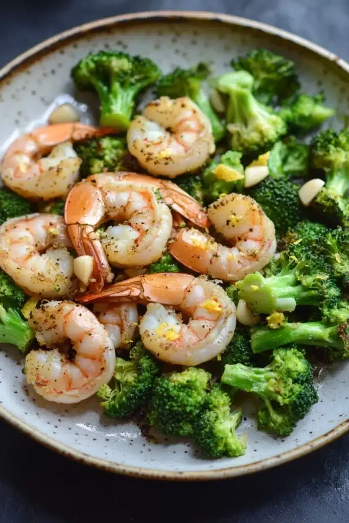 Air fryer shrimp broccoli - the image is a close-up of a plate of cooked shrimp and broccoli. the shrimp are pink and appear to be seasoned with herbs and spices. the broccoli is bright green and looks fresh and healthy. the plate is white with a speckled pattern around the edges. the background is dark, making the colors of the dish stand out.